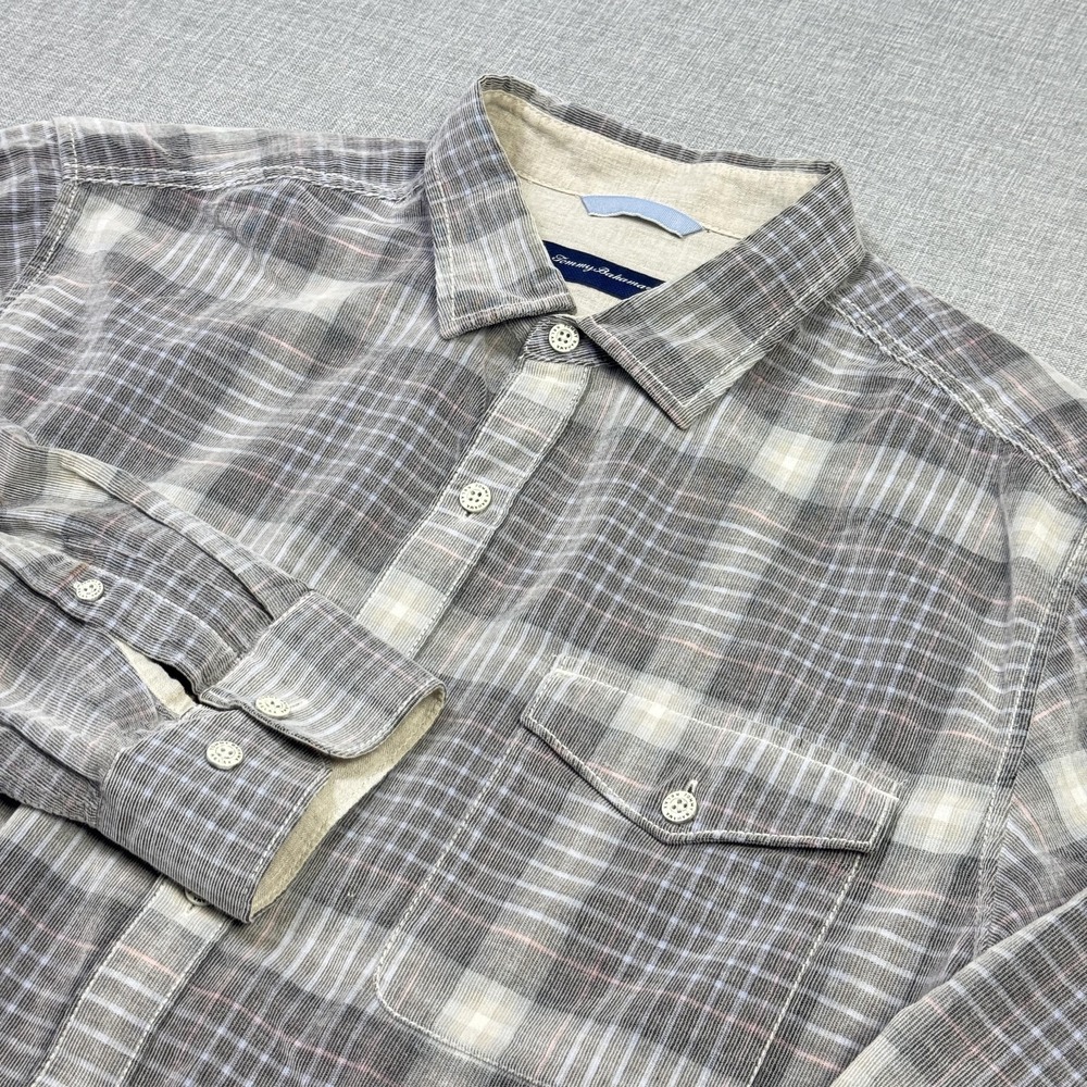 Tommy Bahama Flannel Corduroy Button Shirt Mens XL Gray Long Sleeve Cotton Plaid